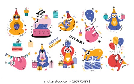 Cute kawaii sloth at a party. Big set of cartoon bears with gifts, balloons, cake and other festive items and elements. Handwritten holiday inscription. Scandinavian flat vector illustration