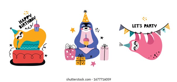 Cute kawaii sloth at a party. Cartoon bear with gifts and other holiday items. Holiday lettering. Greeting card or banner for a birthday Christmas or New year. Scandinavian flat vector illustration