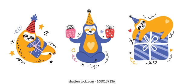 Cute kawaii sloth at a party. Cartoon bear with gifts and other holiday items. Holiday lettering. Greeting card or banner for a birthday Christmas or New year. Scandinavian flat vector illustration