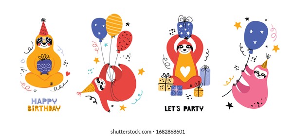 Cute kawaii sloth at a party. Cartoon bear with gifts and other holiday items. Holiday lettering. Greeting card or banner for a birthday Christmas or New year. Scandinavian flat vector illustration