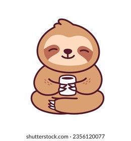 Cute Kawaii Sloth Relaxing with Coffee Illustration