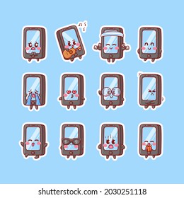 Cute and Kawaii Smartphone Character Sticker Illustration Set With Various Activity and Happy Expression for mascot badge