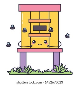 Cute kawaii smiling beehive with flying bees isolated vector