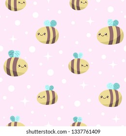 cute kawaii smiling bees fly on tender pink background with white circles and stars. funny cartoon wallpaper for kids