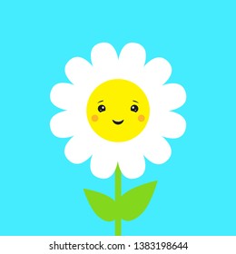 Cute kawaii smiling camomile on blue background. Vector 