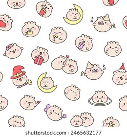 Cute kawaii smiling dim sum. Seamless pattern. Happy cartoon dumpling character. Asian chinese food menu. Hand drawn style. Vector drawing. Design ornaments.