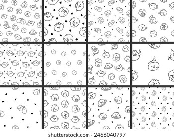 Cute kawaii smiling dim sum. Seamless pattern. Coloring Page. Happy cartoon dumpling character. Asian chinese food menu. Hand drawn style. Vector drawing. Collection of design ornaments.