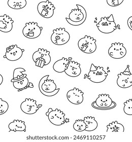 Cute kawaii smiling dim sum. Seamless pattern. Coloring Page. Happy cartoon dumpling character. Asian chinese food menu. Hand drawn style. Vector drawing. Design ornaments.