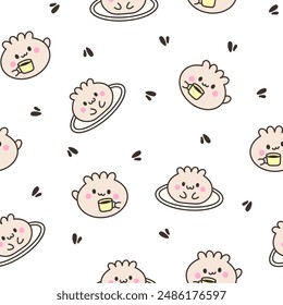 Cute kawaii smiling dim sum. Seamless pattern. Happy cartoon dumpling character. Asian chinese food menu. Hand drawn style. Vector drawing. Design ornaments.