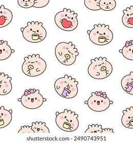Cute kawaii smiling dim sum. Seamless pattern. Happy cartoon dumpling character. Asian chinese food menu. Hand drawn style. Vector drawing. Design ornaments.