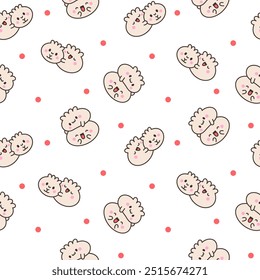 Cute kawaii smiling dim sum. Seamless pattern. Happy cartoon dumpling character. Asian chinese food menu. Hand drawn style. Vector drawing. Design ornaments.