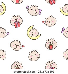 Cute kawaii smiling dim sum. Seamless pattern. Happy cartoon dumpling character. Asian chinese food menu. Hand drawn style. Vector drawing. Design ornaments.