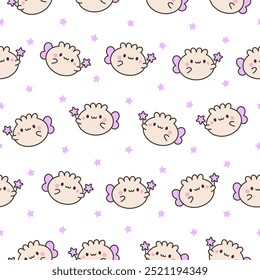 Cute kawaii smiling dim sum. Seamless pattern. Happy cartoon dumpling character. Asian chinese food menu. Hand drawn style. Vector drawing. Design ornaments.