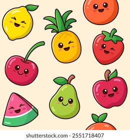 Cute kawaii smiling fruits and berries seamless pattern, background. Vector illustration, cartoon style