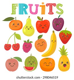 Cute kawaii smiling fruits. Healthy style collection. Vector illustration