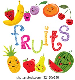 Cute kawaii smiling fruits. Healthy style collection. Vector illustration