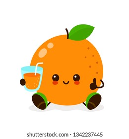 Cute kawaii smiling happy orange with a glass of lemonade,juice. Vector modern flat style cartoon character illustration. Isolated on white background. Cute orange ,lemonade,juice character concept