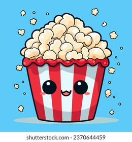 Cute kawaii smiling popcorn in basket in flat clipart style