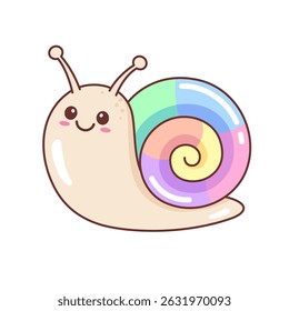 Cute kawaii smiling snail character with rainbow shell. Funny kids drawing, vector illustration