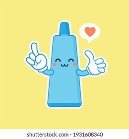 Pasta dentífrica dulce y kawaii sonriente. Ilustración de caricaturas de vector plano. Cuidado de los dientes. Concepto dental para odontología infantil. Prevención de enfermedades de cavidad oral.