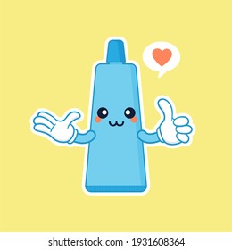 Pasta dentífrica dulce y kawaii sonriente. Ilustración de caricaturas de vector plano. Cuidado de los dientes. Concepto dental para odontología infantil. Prevención de enfermedades de cavidad oral.