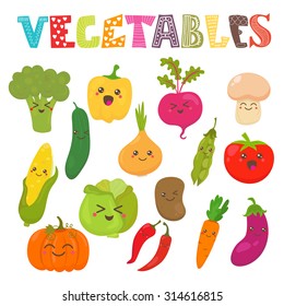 Cute kawaii smiling vegetables. Healthy style collection. Vector illustration