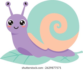 Cute Kawaii Snail Character with Oversized Swirly Shell on Tiny Leaf – Flat Minimalist Vector Illustration for Printable Stickers