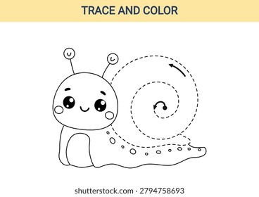 Cute kawaii snail tracing worksheet for preschool kids. Black and white educational activity page for fine motor skills, handwriting preparation, coloring and line tracing practice.