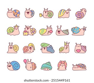 Lindos caracoles kawaii. Divertido molusco de dibujos animados. Estilo dibujado a mano. Dibujo de Vector. Colección de Elementos de diseño.