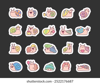 Caracóis kawaii bonitos. Indicador de etiqueta. Molusco engraçado de desenho animado. Estilo desenhado à mão. Desenho vetorial. Coleção de elementos de design.