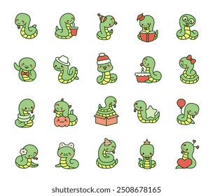 Cute kawaii snake. Adorable reptile character. Hand drawn style. Vector drawing. Collection of design elements.