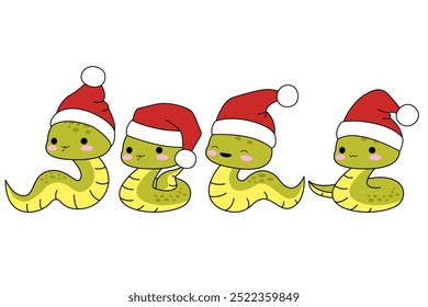 Cute kawaii snake in Santa Clause hat set. Chinese new year snake character, coiled tail. Happy comic cobra, python. Kids childish flat cartoon vector illustration isolated on white.