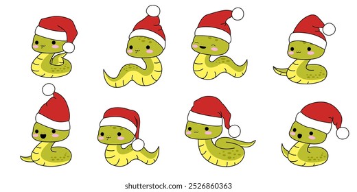 Cute kawaii snake in Santa Clause hat set. Chinese new year snake character, coiled tail. Happy comic cobra, python. Kids childish flat cartoon vector illustration isolated on white background.