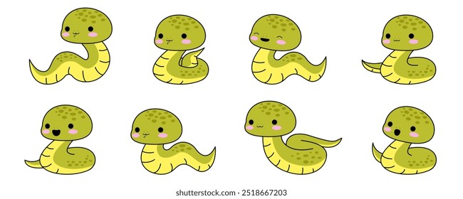 Conjunto de cobras kawaii bonito, sorrindo com a língua para fora. Adorável personagem de cobra bebê, cauda enrolada. Cobra engraçada e engraçada, Python. Crianças desenhos animados planos infantis ilustração vetorial isolado no fundo branco