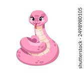 Cute kawaii snake, smiling with tongue out. Adorable baby viper character, coiled tail. Happy funny comic cobra, python. Kids childish flat cartoon vector illustration isolated on white background