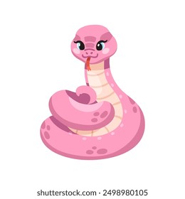 Cute kawaii snake, smiling with tongue out. Adorable baby viper character, coiled tail. Happy funny comic cobra, python. Kids childish flat cartoon vector illustration isolated on white background