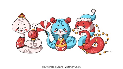 Cute Kawaii snakes with new year celebration items flat color vector illustration set. Oriental zodiac animals mascots of 2025 icons on white collection