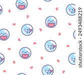 Cute kawaii soap bubble character. Seamless pattern. Circle shape child bath mascot with face. Hand drawn style. Vector drawing. Design ornaments.