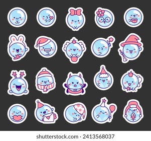 Cute kawaii soap bubble character. Sticker Bookmark. Circle shape child bath mascot with face. Hand drawn style. Vector drawing. Collection of design elements.