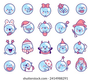 Cute kawaii soap bubble character. Circle shape child bath mascot with face. Hand drawn style. Vector drawing. Collection of design elements.