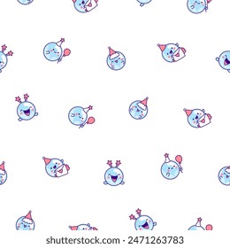 Cute kawaii soap bubble character. Seamless pattern. Circle shape child bath mascot with face. Hand drawn style. Vector drawing. Design ornaments.