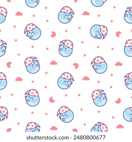 Cute kawaii soap bubble character. Seamless pattern. Circle shape child bath mascot with face. Hand drawn style. Vector drawing. Design ornaments.