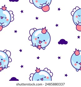 Cute kawaii soap bubble character. Seamless pattern. Circle shape child bath mascot with face. Hand drawn style. Vector drawing. Design ornaments.