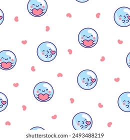 Cute kawaii soap bubble character. Seamless pattern. Circle shape child bath mascot with face. Hand drawn style. Vector drawing. Design ornaments.