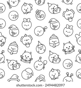 Cute kawaii soap bubble character. Seamless pattern. Coloring Page. Circle shape child bath mascot with face. Hand drawn style. Vector drawing. Design ornaments.