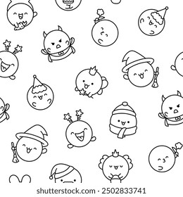 Cute kawaii soap bubble character. Seamless pattern. Coloring Page. Circle shape child bath mascot with face. Hand drawn style. Vector drawing. Design ornaments.