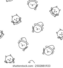 Cute kawaii soap bubble character. Seamless pattern. Coloring Page. Circle shape child bath mascot with face. Hand drawn style. Vector drawing. Design ornaments.