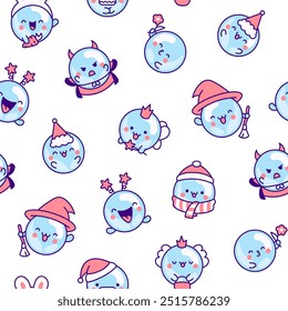 Cute kawaii soap bubble character. Seamless pattern. Circle shape child bath mascot with face. Hand drawn style. Vector drawing. Design ornaments.