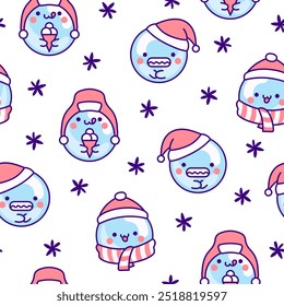 Cute kawaii soap bubble character. Seamless pattern. Circle shape child bath mascot with face. Hand drawn style. Vector drawing. Design ornaments.