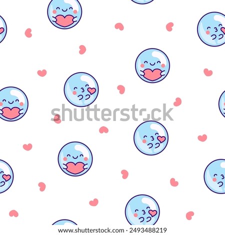 Cute kawaii soap bubble character. Seamless pattern. Circle shape child bath mascot with face. Hand drawn style. Vector drawing. Design ornaments.